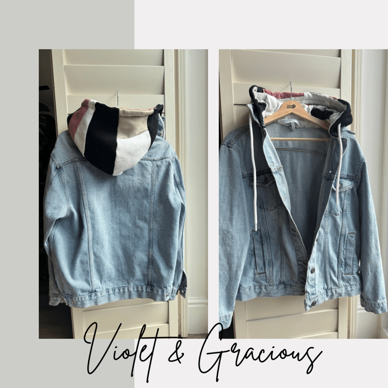 Reworked Hoodie Denim Jacket . Beading . Upcycled Jacket . size 12