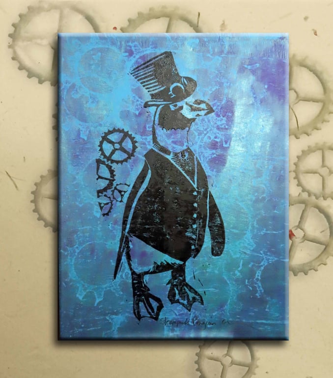 Steampunk Penguin One off Hand-Pulled Linocut & Gelli Print Blue