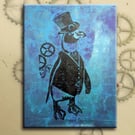 Steampunk Penguin One off Hand-Pulled Linocut & Gelli Print Blue