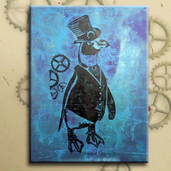 Steampunk Penguin One off Hand-Pulled Linocut & Gelli Print Blue
