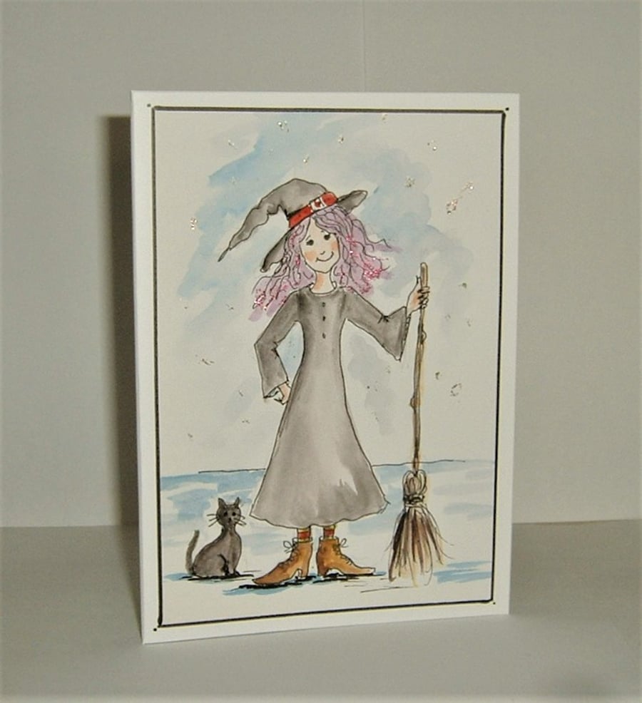 Hand painted cartoon witch Halloween blank greetings card ( ref F 927)