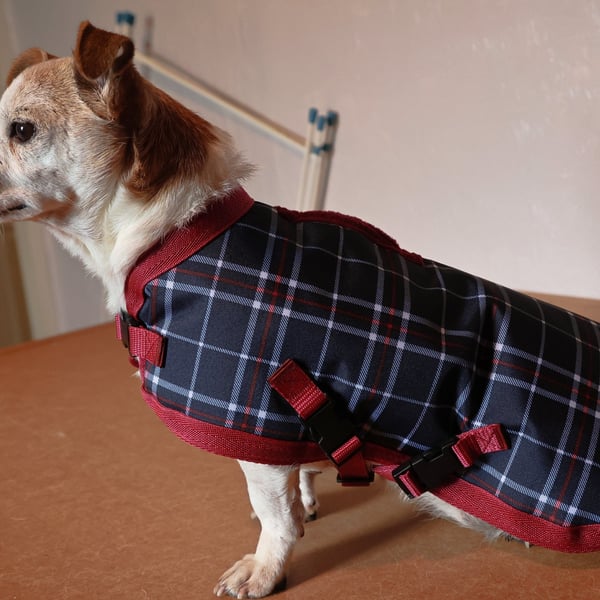 Waterproof Dog Coat, Fleece Lined, Made to Measure  Blue,Burgundy,Grey Check