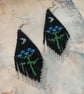Handmade Beaded Crescent Moon & Forget-Me-Not Fringe Earrings - Black Celestial 