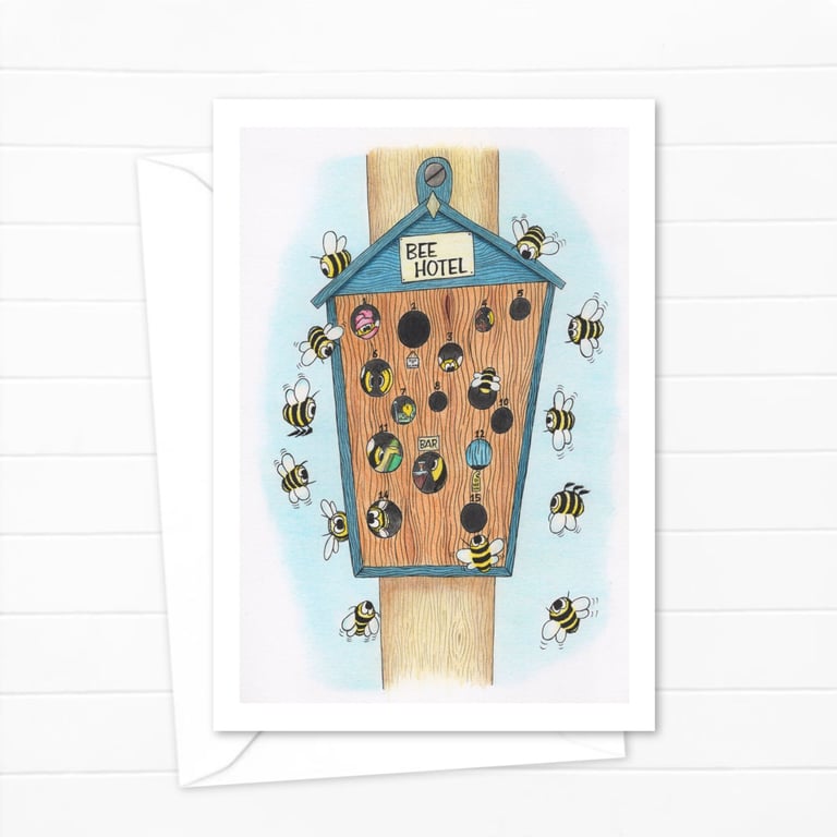 Bee Hotel Greeting Card: Hand Drawn Busy Bee Illustration (215)