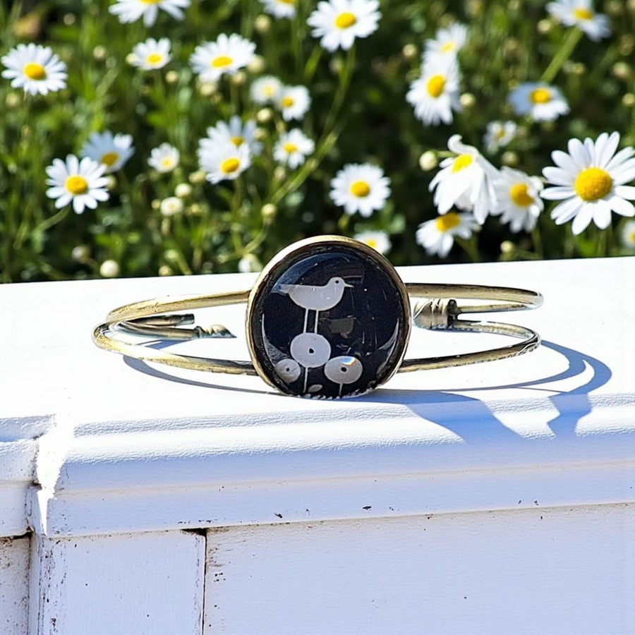 Boho Bird Brass Bangle: Glass Cabochon Bracelet