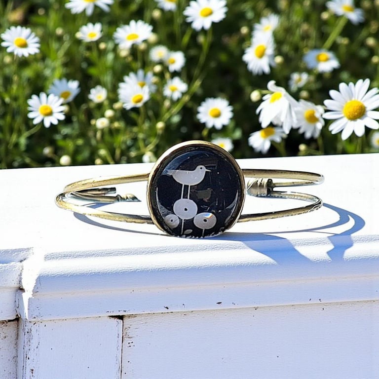 Boho Bird Brass Bangle: Glass Cabochon Bracelet