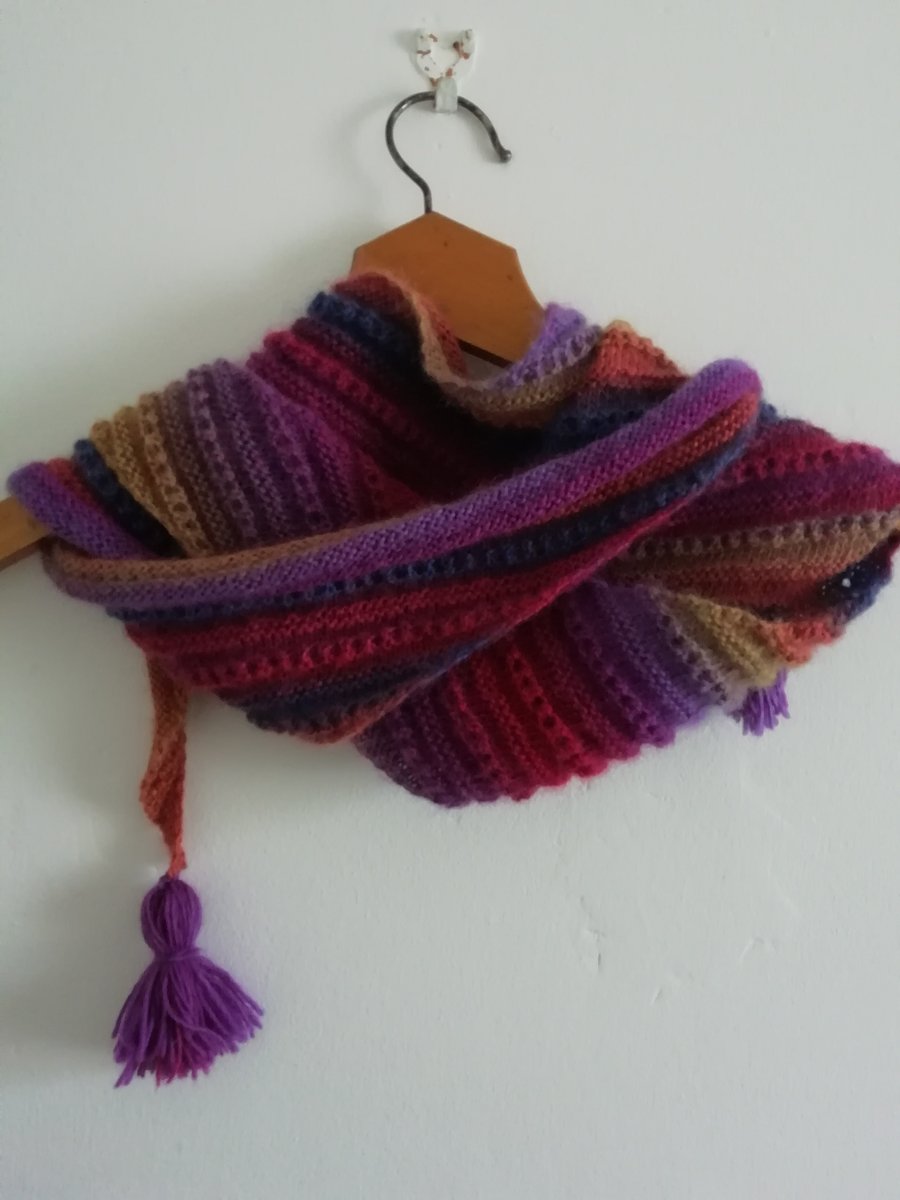 Hand knitted triangle scarf with tassels 