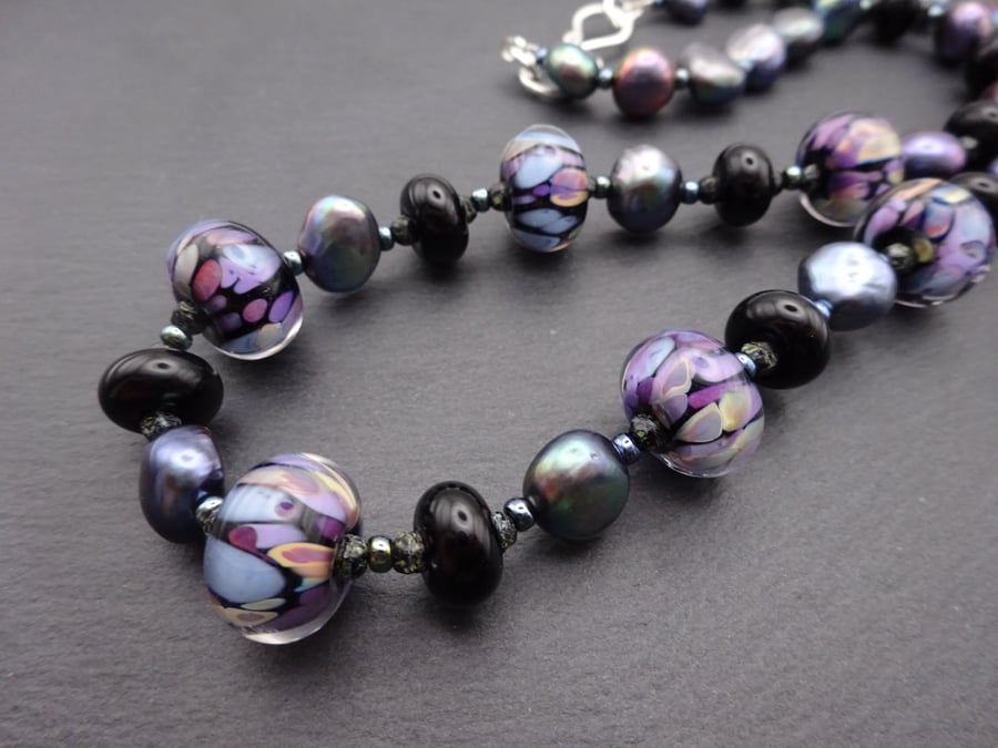 black and purple lampwork glass beaded necklace