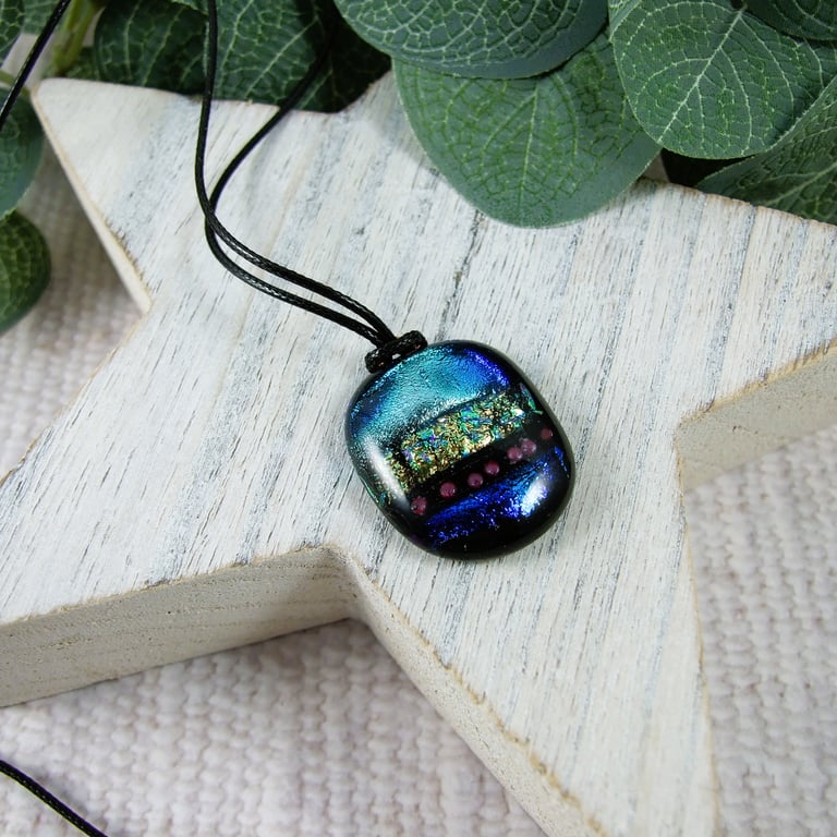 Dichroic Glass Abstract Necklace on Waxed Cord, Adjustable Length