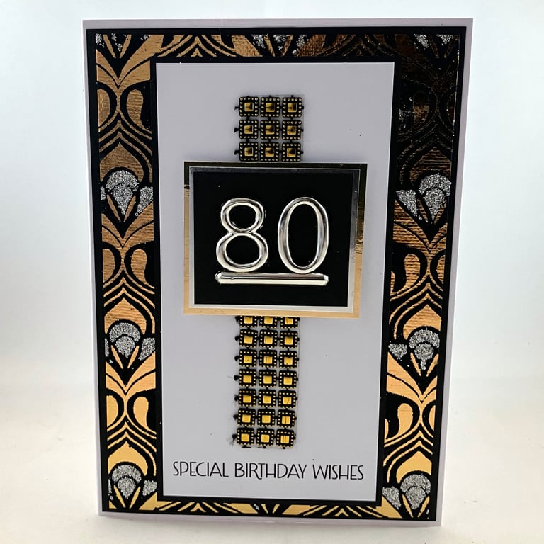 Black and gold art deco style 80th Birthday card