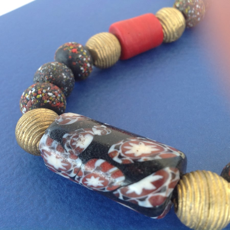 Chunky beaded necklace with unusual beads from African and Nepal