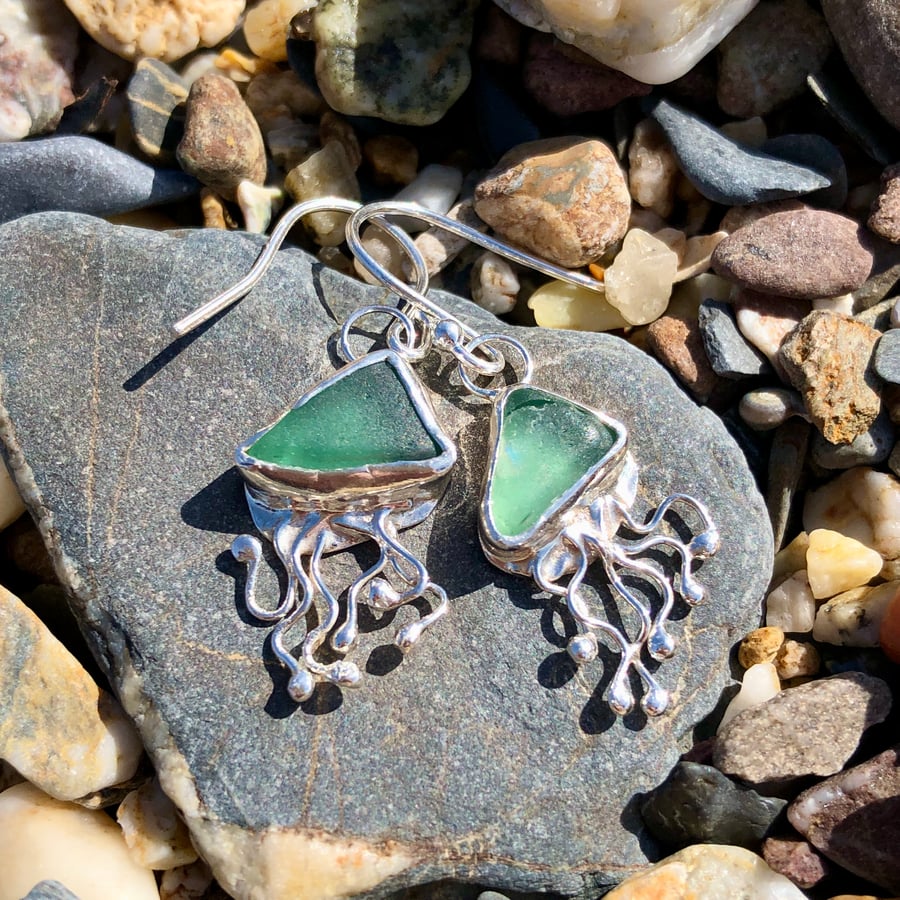 Light Teal Sea Glass and Sterling Silver Jelly Fish Earrings - 1103