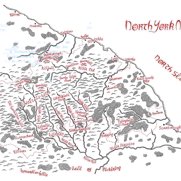 Map of North York Moors National Park Hand Drawn Tolkien Style Map Artwork