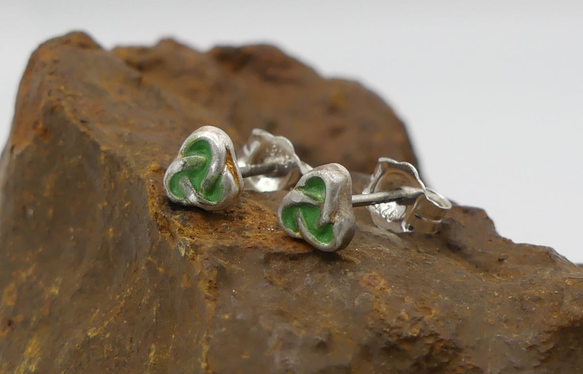 Recycled Sterling Silver Trinity Knot Stud Earrings with a Green Patina.