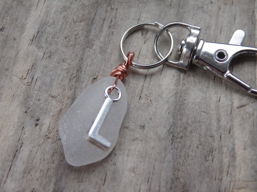 Initial 'L' White Cornish Sea Glass Bag Charm Keyring K510