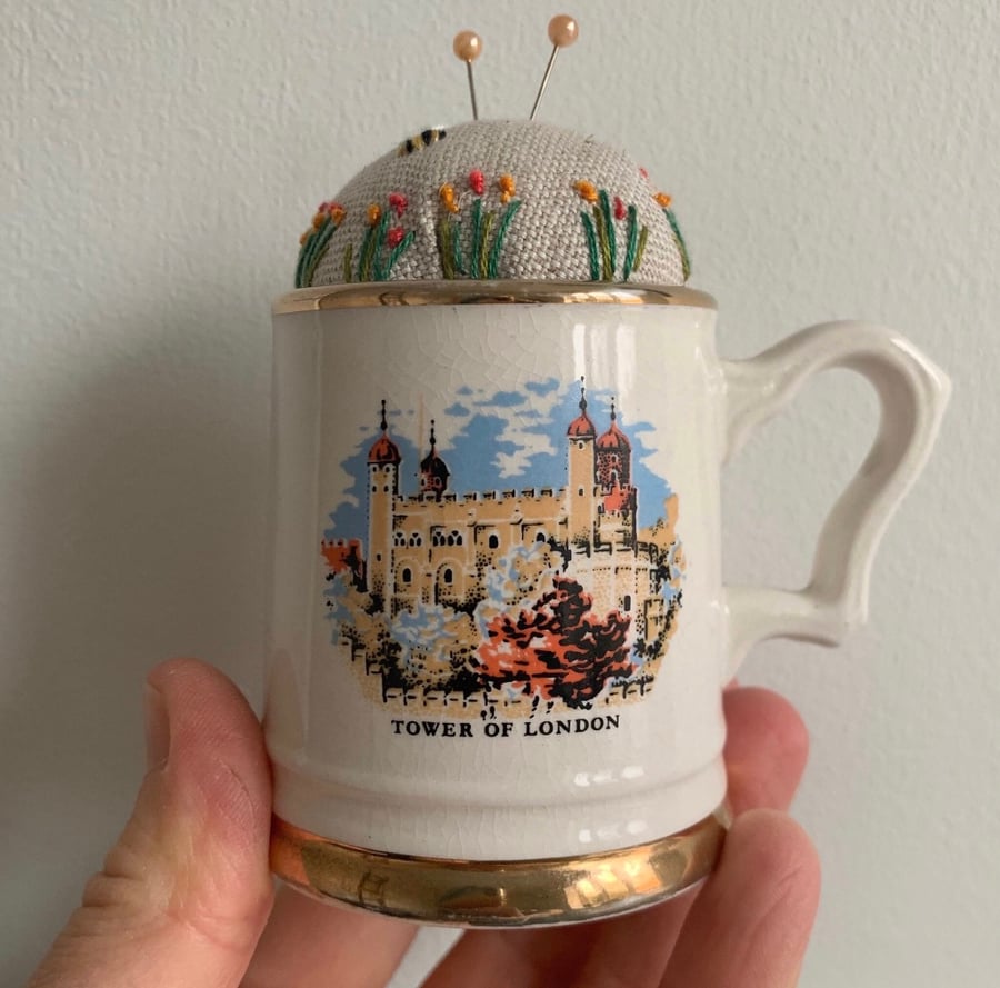 SALE -  Tower of London small cup embroidered pin cushion