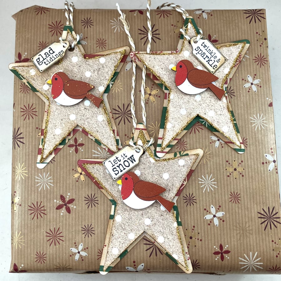 Handmade star shaped robins Christmas gift tags