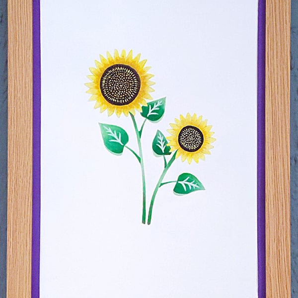 Genuine Made in UK Framed A3 Print Yellow Sunflowers Vibrant Purple Border