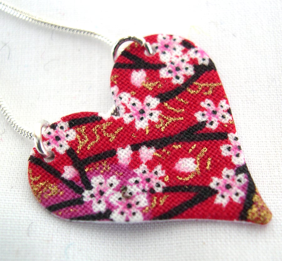 Chinese Floral red Pink Ditsy Floral Hardened Fabric Heart Necklace 