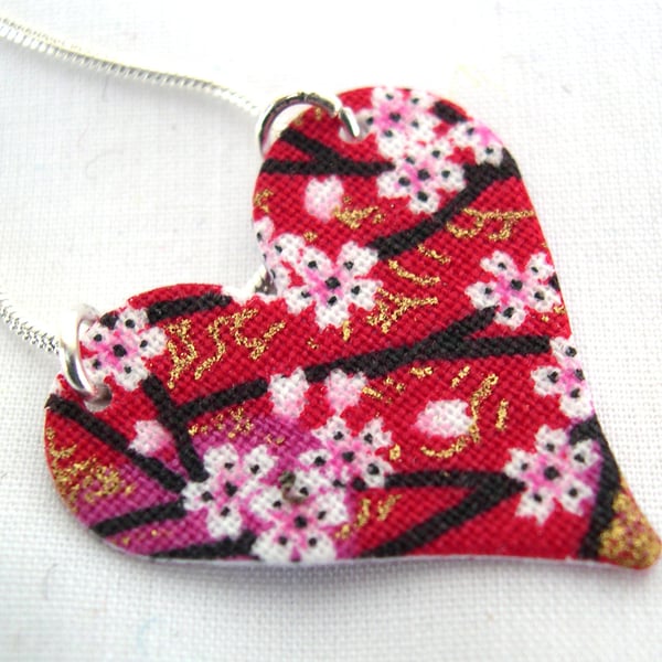 Chinese Floral red Pink Ditsy Floral Hardened Fabric Heart Necklace 
