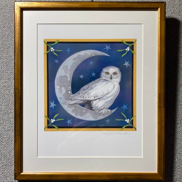 Snowy Owl Art - Owl Art print - giclee print, crescent moon 