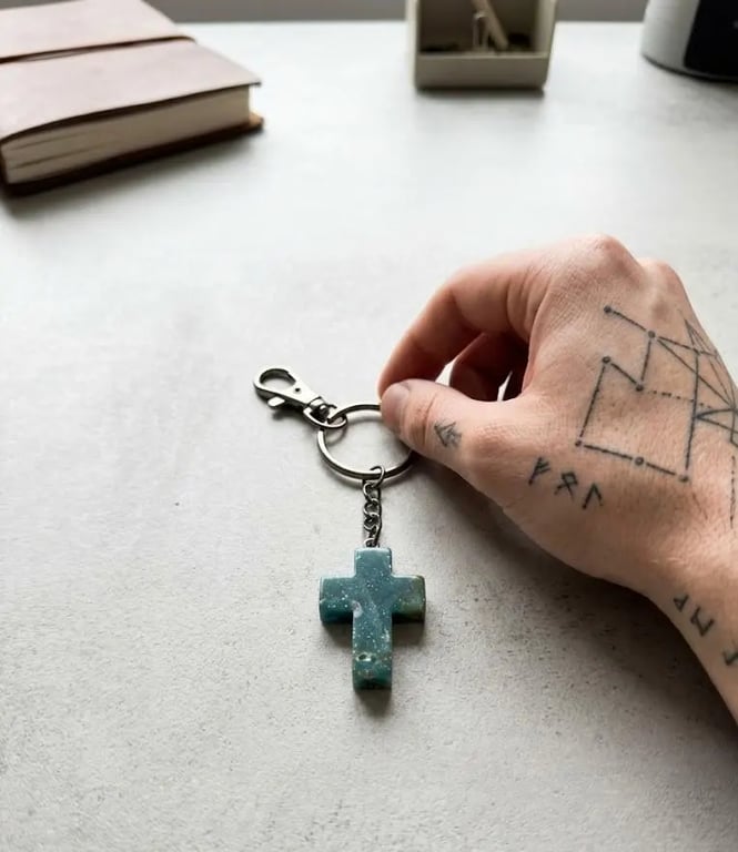 Minimalist Speckled Blue-Green Stone Cross Keychain - Ritual-Craft Talisman