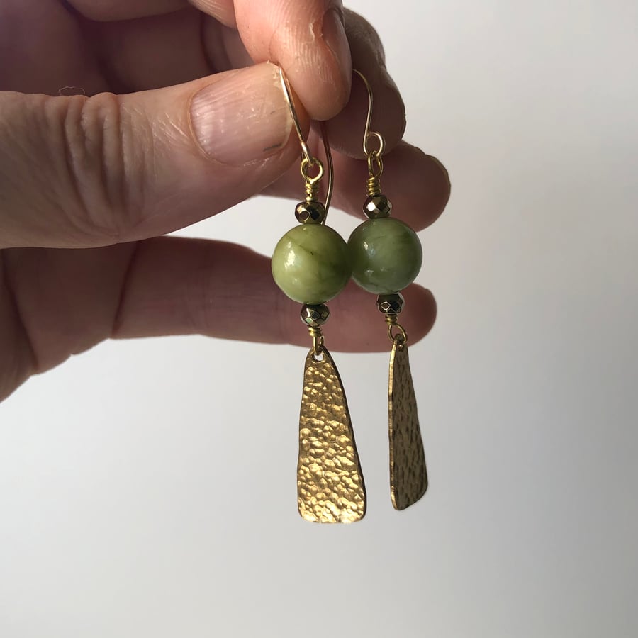 Green Jade Bead & Gold Hammered Brass Dangle Earrings. Gold Filled Hooks