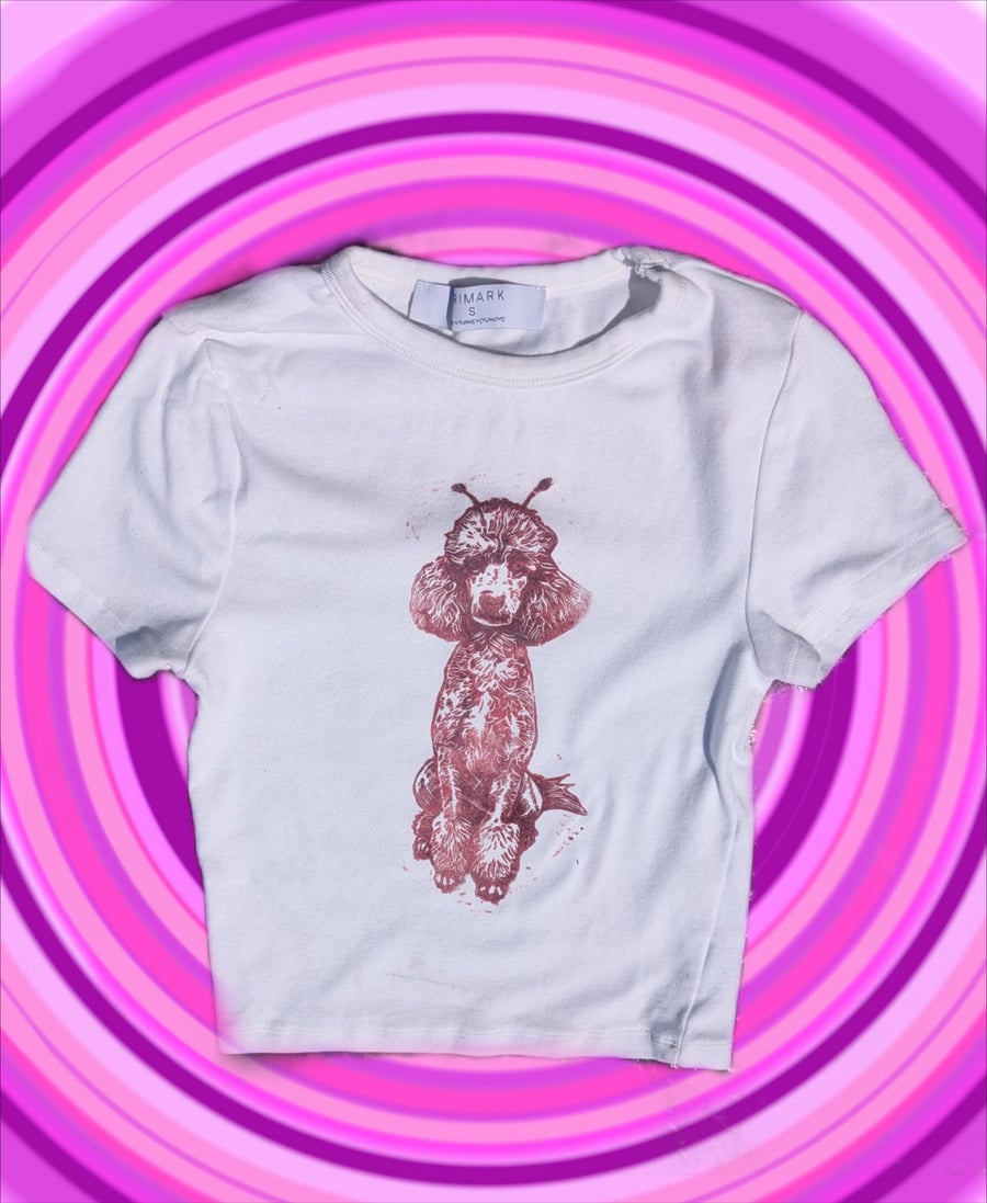 Handprinted lino alien poodle upcycled small cropped tee 