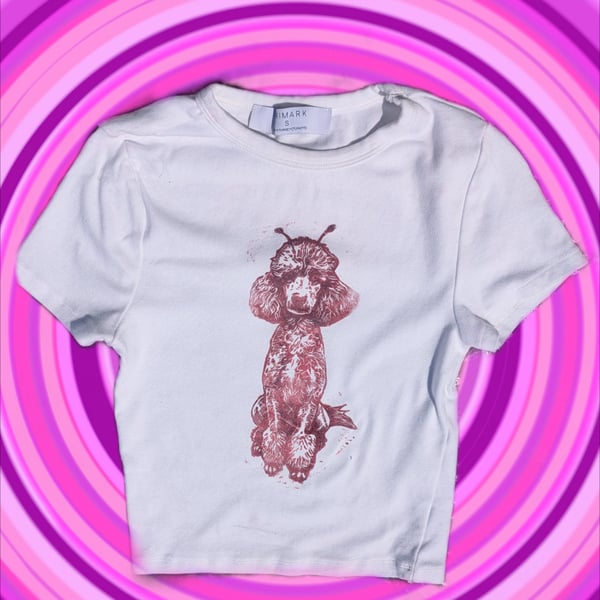 Handprinted lino alien poodle upcycled small cropped tee 