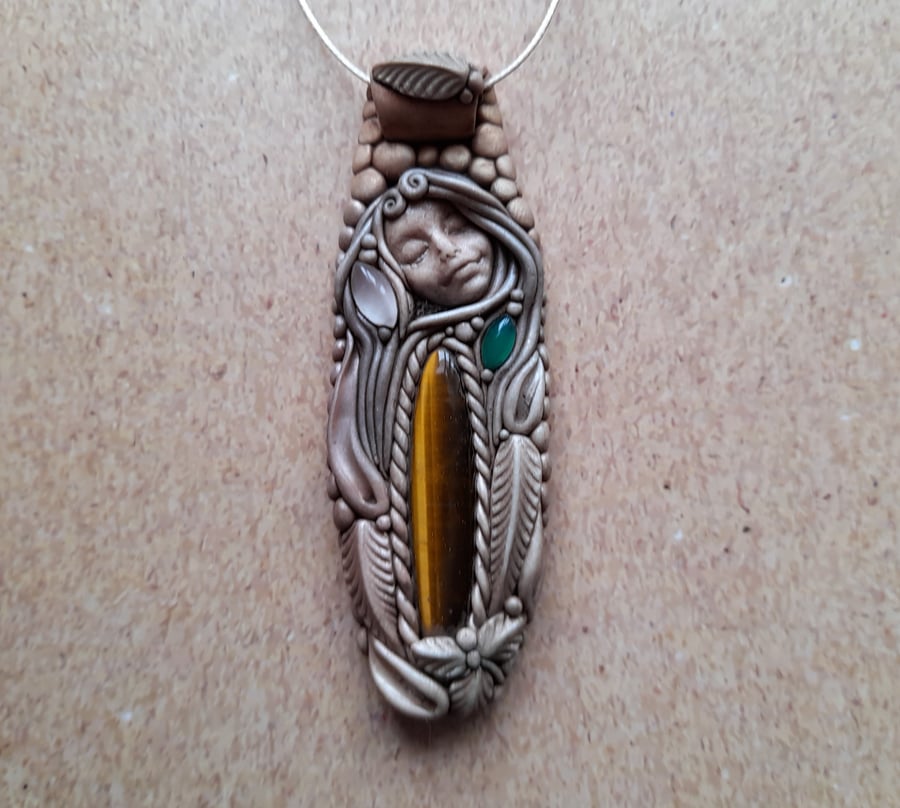 Tigers Eye, Chalcedony, Rose Quartz Crystal and Polymer Clay Goddess Pendant