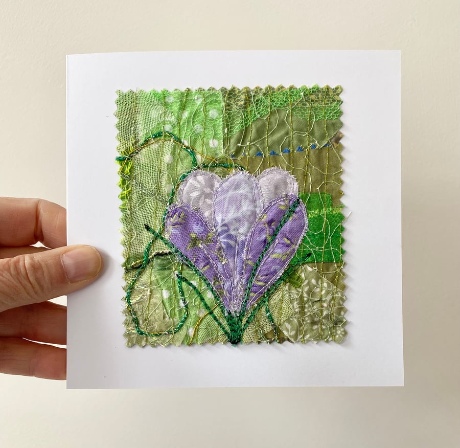 Up-cycled embroidered spring crocus garden card small artwork. 