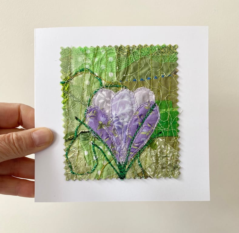 Up-cycled embroidered spring crocus garden card small artwork. 