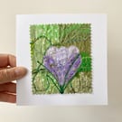 Up-cycled embroidered spring crocus garden card small artwork. 