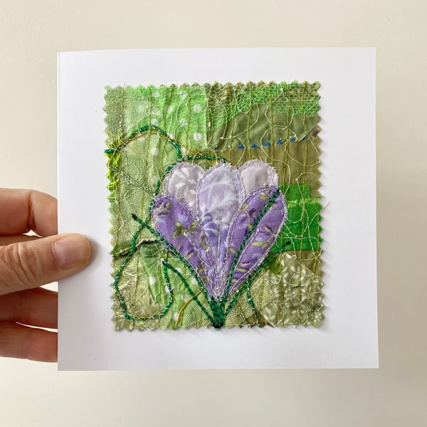 Up-cycled embroidered spring crocus garden card.