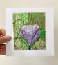 Up-cycled embroidered spring crocus garden card small artwork. 