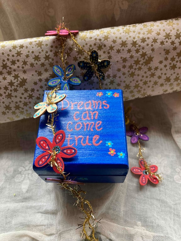 Hand painted wooden box with flower mobile 