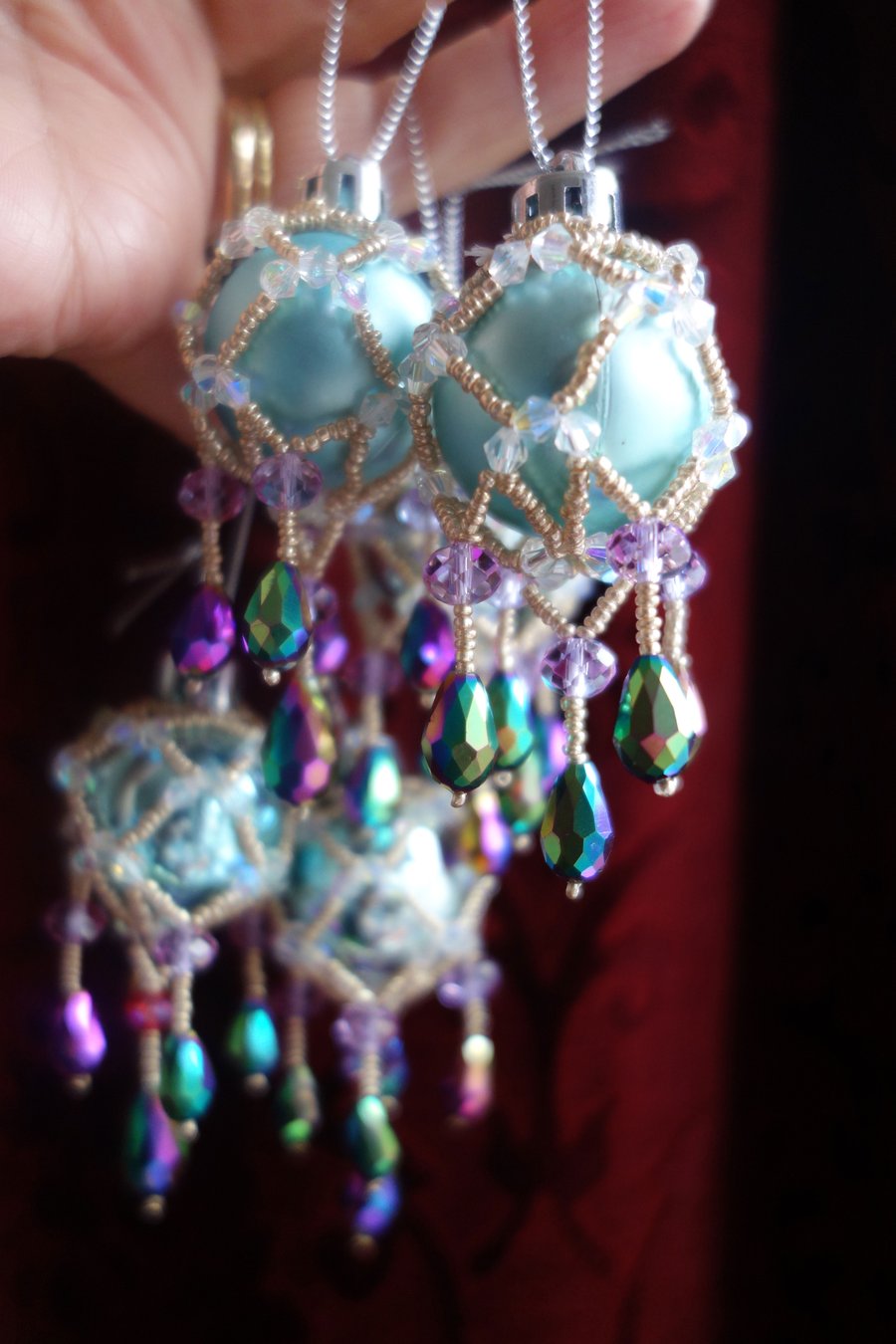 6 x ice blue and petrol Crystal Victoriana Baubles