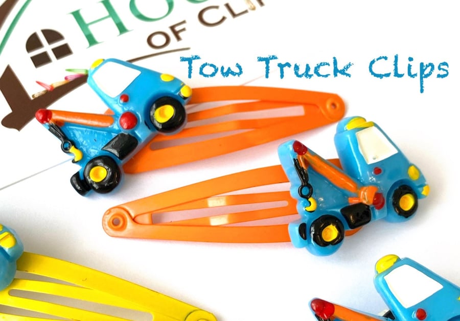 Tow Truck Clips x2 - Boys Hair Clips - Construction Truck Snap Clips - Hair Clip