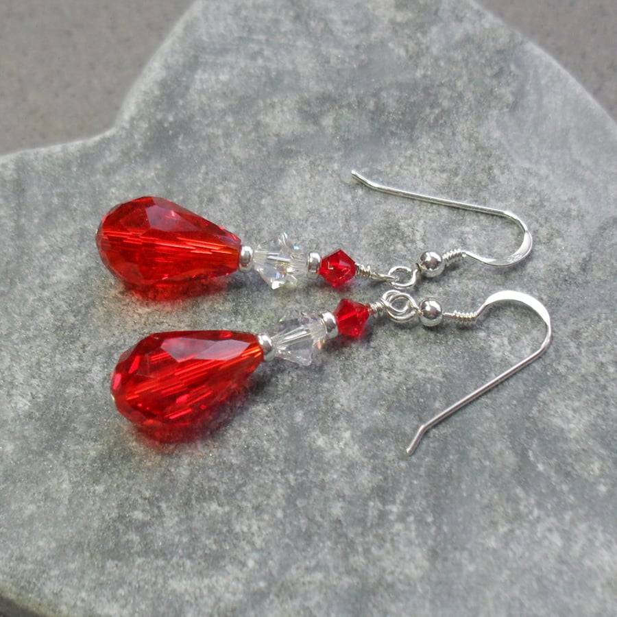 Red and Clear Crystal Sterling Silver Dangle Drop Earrings