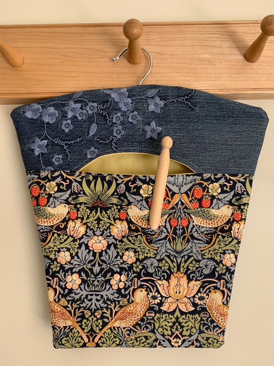 Embroidered denim and strawberry thief peg bag