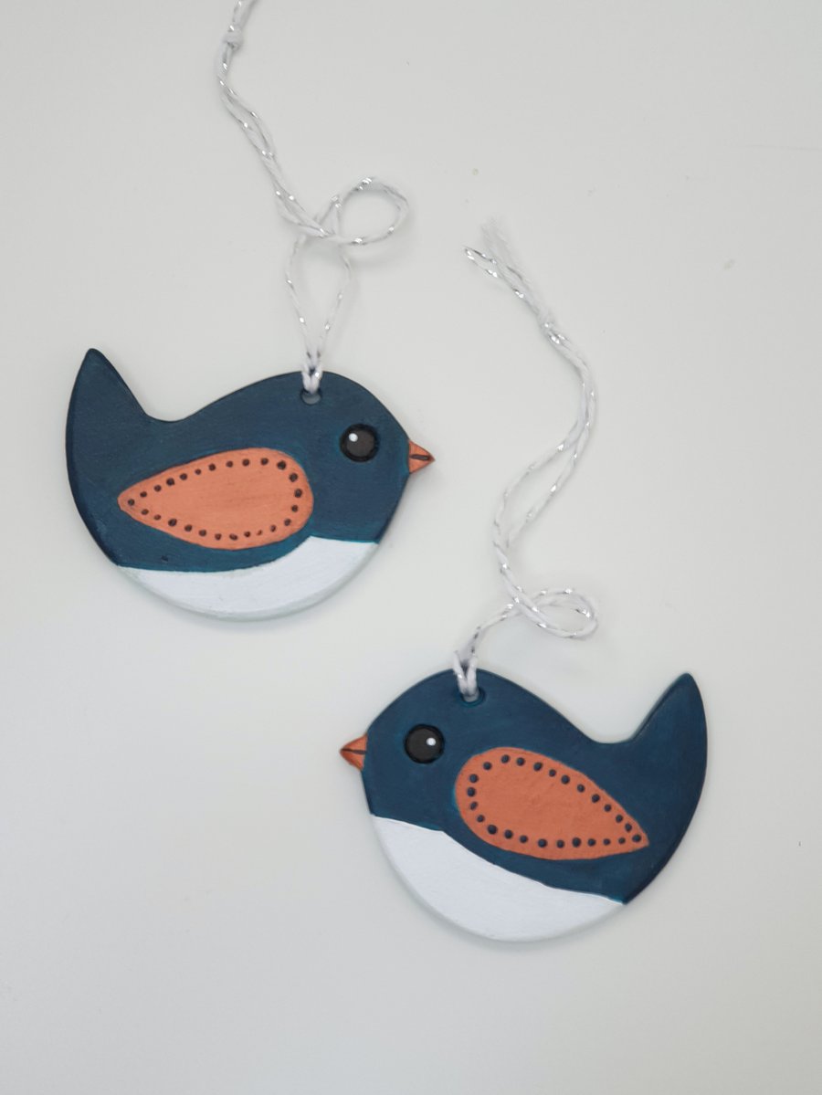 Bird decoration, clay home decor hanging gift, dark turquoise and bronze