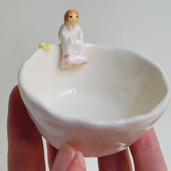 Ceramic handmade tealight, angel & footprints pottery candle holder 