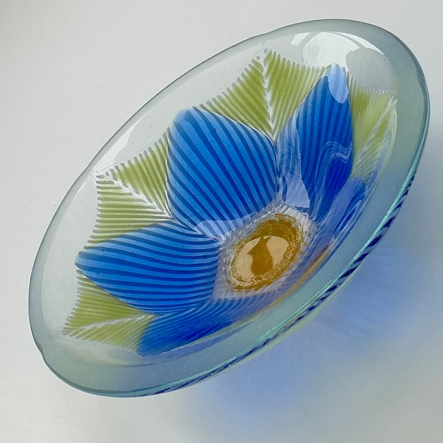 Fused glass small decorative bowl, blue blossom