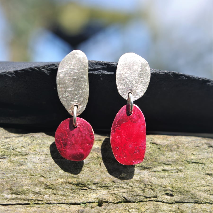 Mismatched Silver and Red Copper Organic Dangle Earrings
