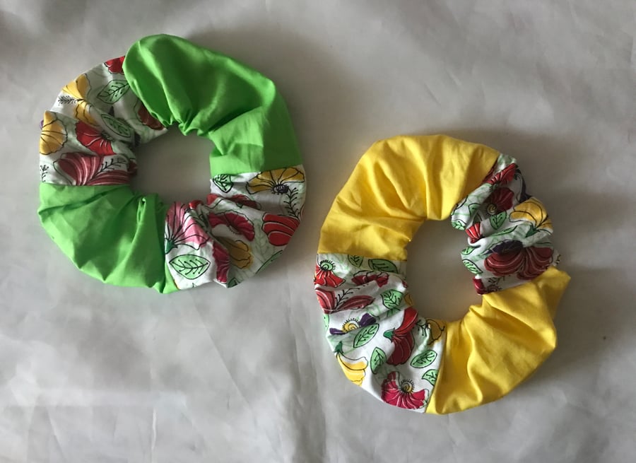 Patchwork Floral Scrunchies, Green Scrunchie, Yellow Floral Scrunchie