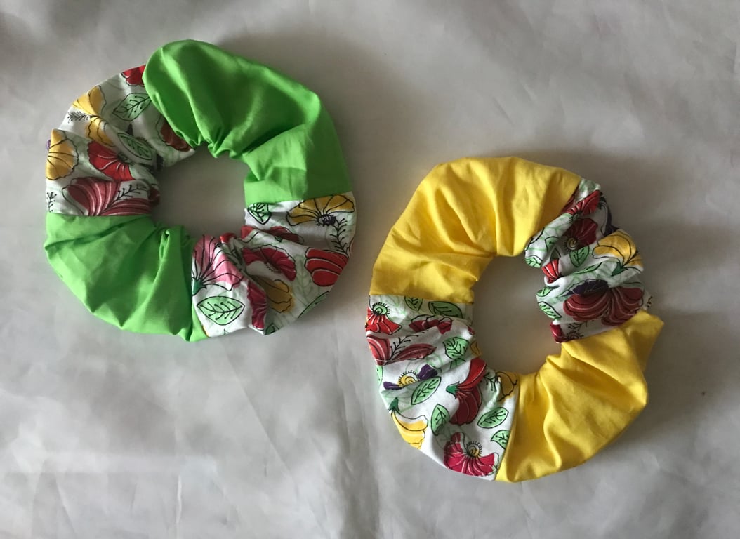 Patchwork Floral Scrunchies, Green Scrunchie, Yellow Floral Scrunchie