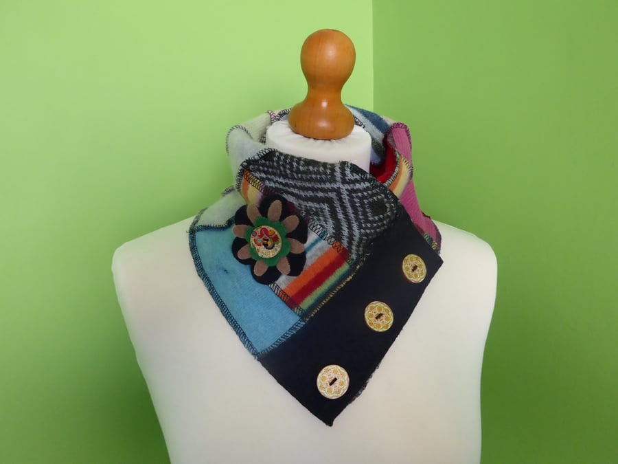 Neck Warmer Scarf with 3 button Trim. Upcycled Cowl. Felt Flower. Blue and Grey