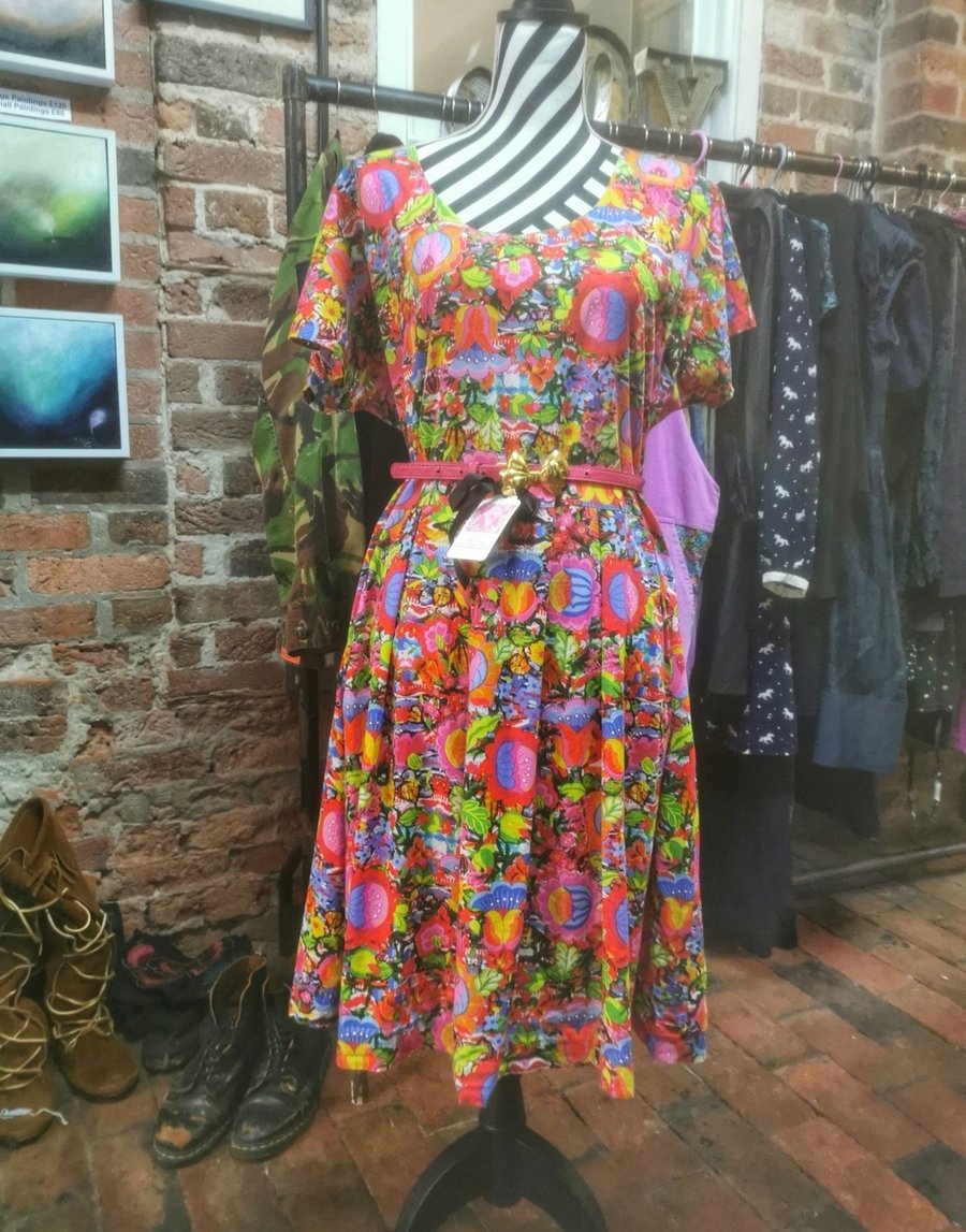 Handmade Colourful mid dress with pockets 
