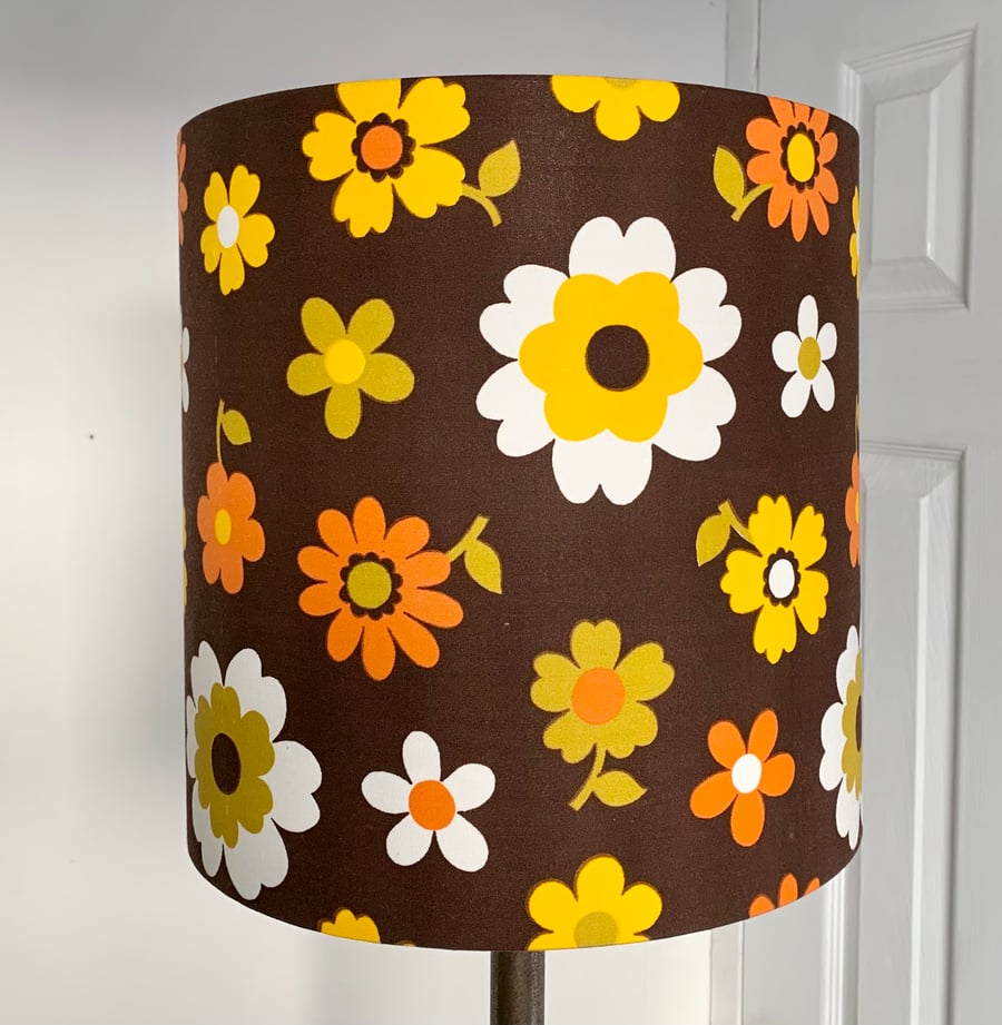 FUN 60s 70s  Hippy Sunny Daisy Brown VIntage fabric Lampshade