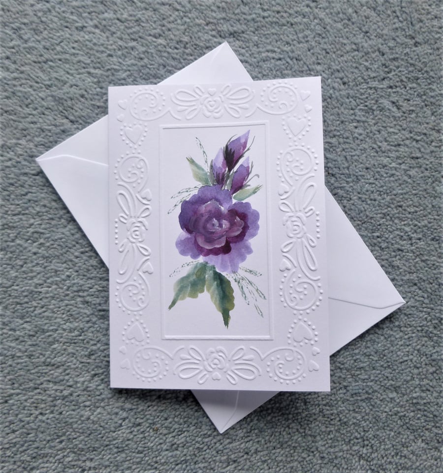 purple rose hand painted blank greetings card ( ref F 274 )